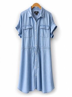 JORDACHE Chambray Shirt Dress Blue Striped Button Front Tie Waist